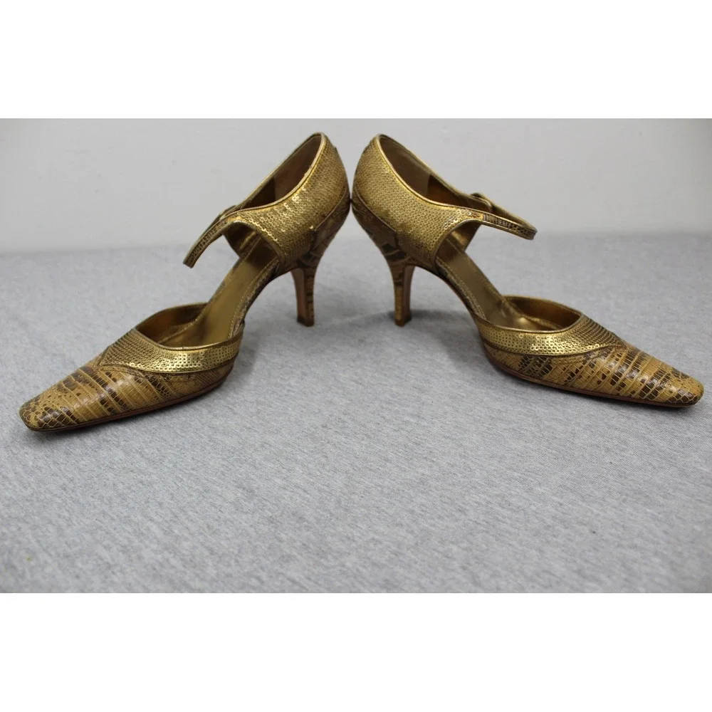 Prada Heels Womens 37 Gold Snakeskin Sequin Mary Jane Pointed Toe Pumps Vintage - Picture 3 of 9